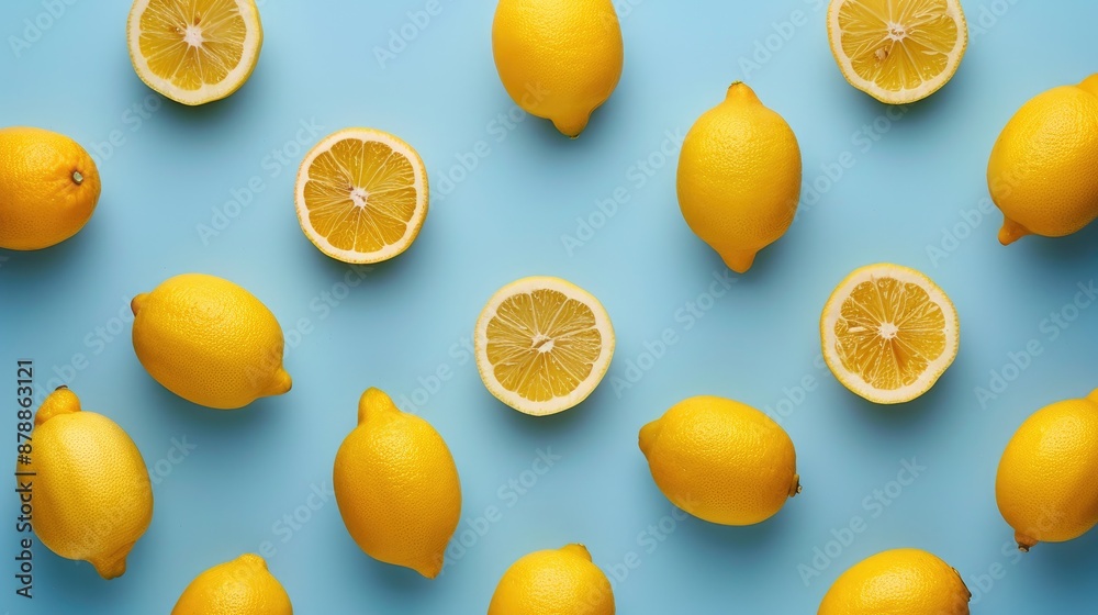 Lemons arranged on light blue backdrop room for text