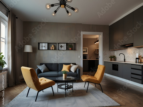 Interior of Small Apartment Living Room for Home Office: Real Estate Rent and Home Staging