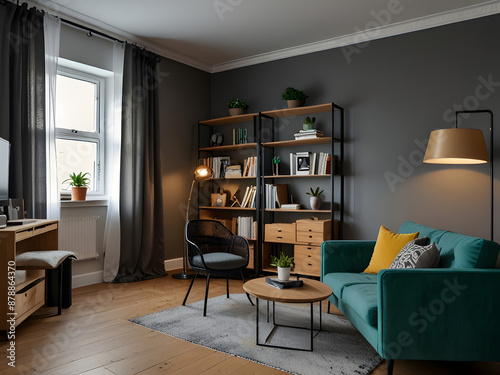 Interior of Small Apartment Living Room for Home Office: Real Estate Rent and Home Staging