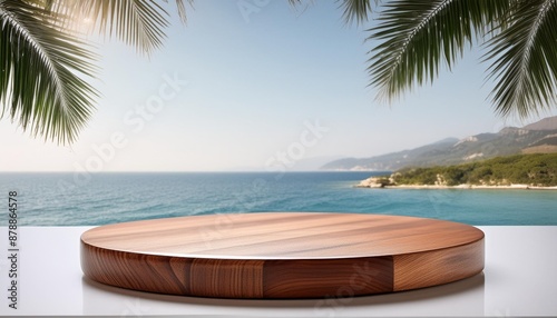 polished wooden podium surrounded by palm leaves and the clear blue sea © George