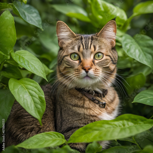 Tabby cat hiding in green foliage.