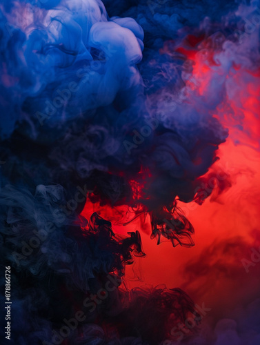 Vivid red and dark blue smoke fumes, gloomy atmosphere, background, wallpaper