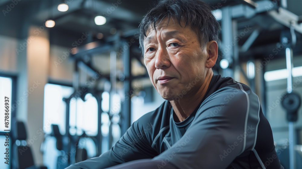 ジムで休憩している日本人男性