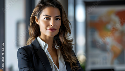 Portrait of a confident business woman in a modern office setting, ideal for corporate-related themes, executive profiles, or professional business use with ample copy space.