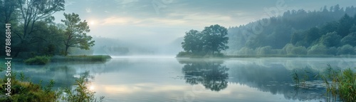 Misty Morning Lake with Foggy Reflections