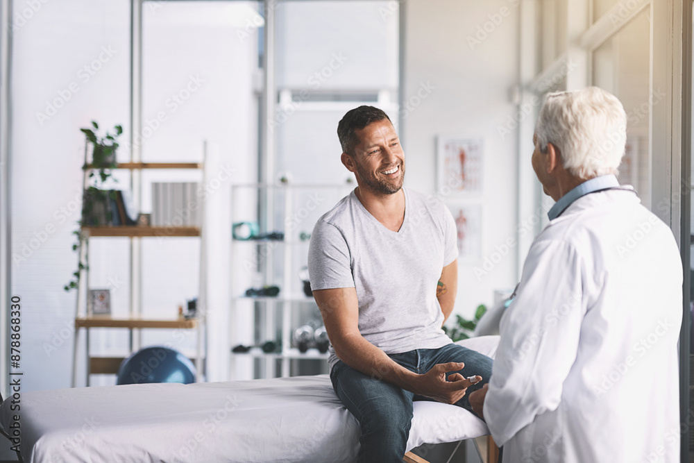 Obraz premium Doctor, man and patient on bed for healthcare with insulin plaster for diabetes, injection or treatment. Mature professional, health insurance or glucose check with blood pressure or wellness checkup