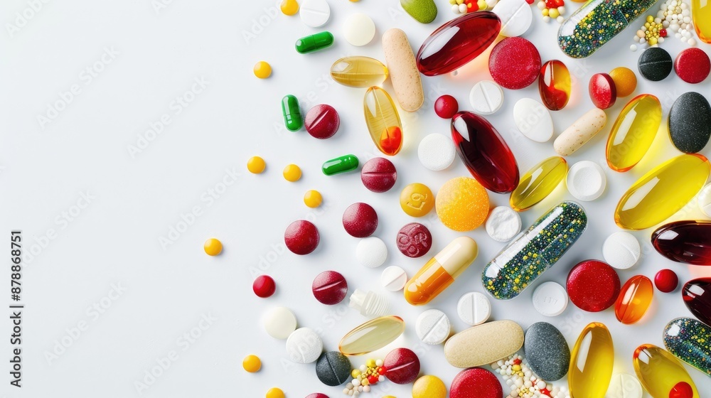 Assorted vitamins on white background top view with copy space Assorted vitamins on white background top view with copy space