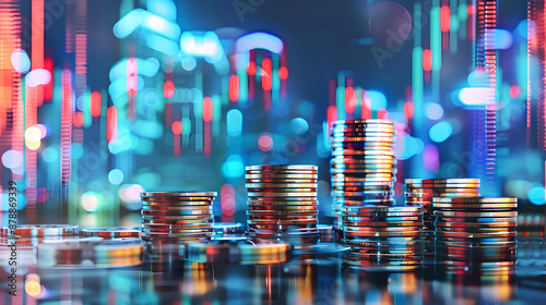 Abstract business background with coins and buildings, conveying the concept of exchange, investment, and business and financial growth.