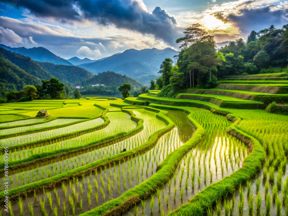 Fototapeta premium rice terraces in island, agriculture, nature, tea, mountain, hill, rice, sky, tree, summer, plantation, countryside, grass