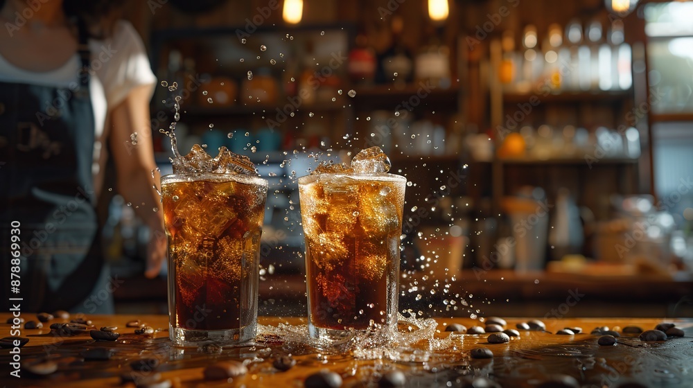 Two glasses of iced coffee with splashes of water in a bar Two glasses of iced coffee with splashes of water in a bar