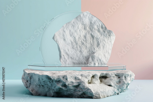 Wallpaper Mural Abstract Minimalist Display with Stone  and glass Platform and Translucent Backdrop, Modern Art Installation for Product Presentation Torontodigital.ca