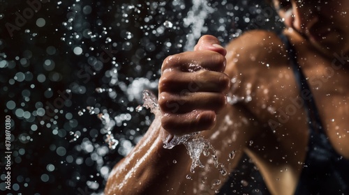 A focused athlete splashes water during an intense workout