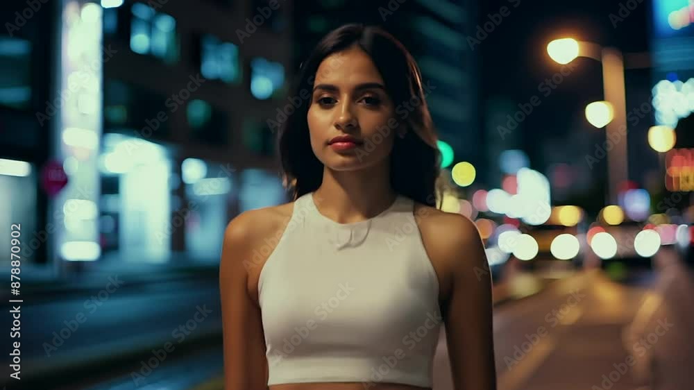Young woman walking street at night Young woman walking street at night