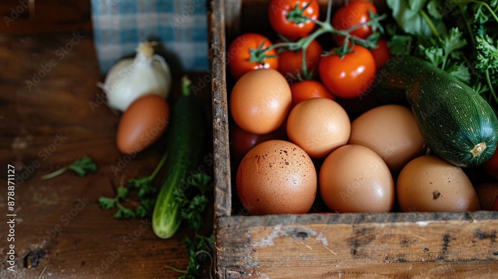Organic veggies and eggs in wooden box Organic veggies and eggs in wooden box