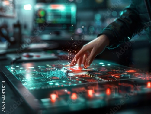 In a scene of advanced technology and digital innovation, a gloved hand interacts with a vibrant, neon-lit futuristic touchscreen interface.