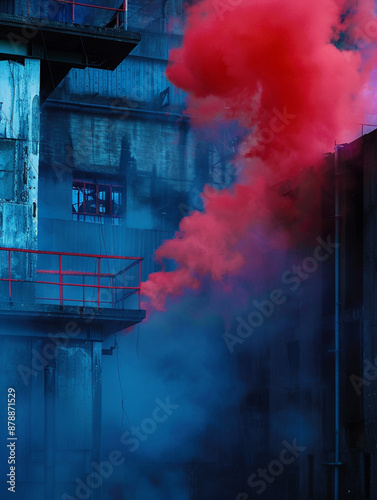 vivid red smoke fumes over a dark blue concrete building, gloomy atmosphere
