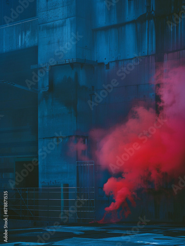 vivid red smoke fumes over a dark blue concrete building, gloomy atmosphere