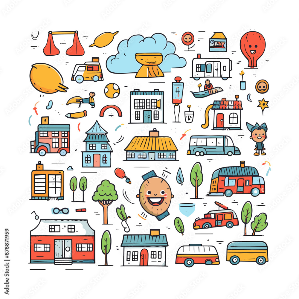 Naklejka premium Create a collection of cartoon-style vector illustrations featuring various elements related to elementary school education