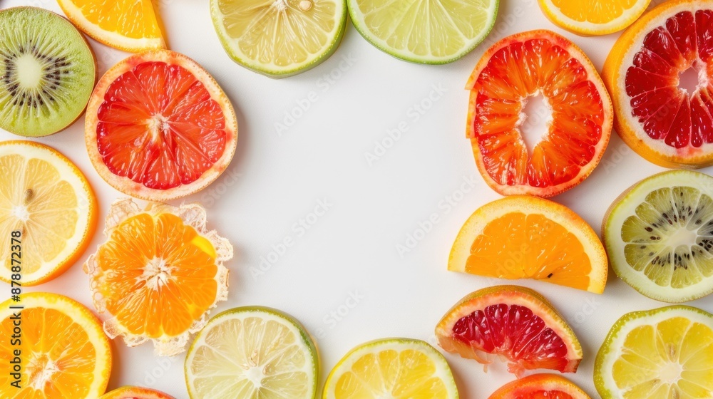 Fresh citrus fruit slices arranged in a frame. Fresh citrus fruit slices arranged in a frame.