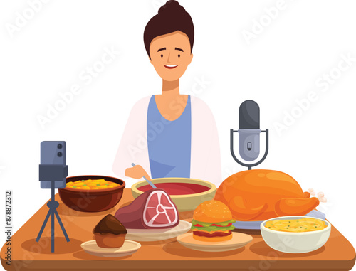 Food blogger is streaming a video blog episode with a smartphone and a microphone