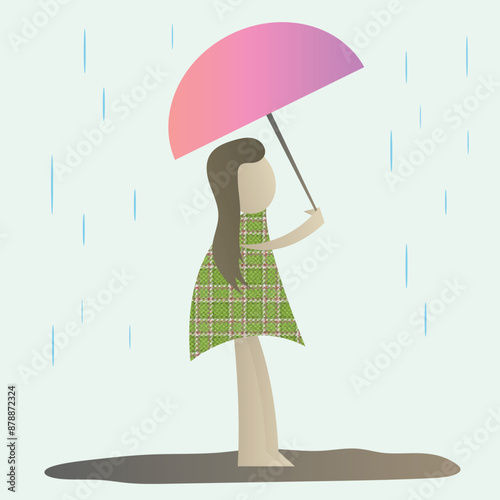 Girl in a plaid dress with an umbrella stands barefoot in the rain. Large raindrops. Simple and minimalistic illustration. Paper crafts style. Vector illustration