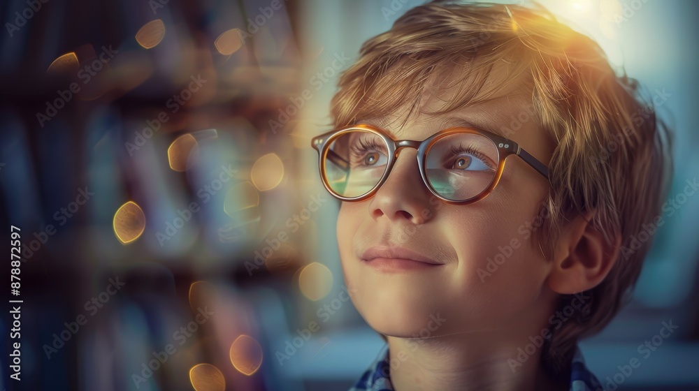 A young boy wearing glasses is looking up at the camera with a smile on his face A young boy wearing glasses is looking up at the camera with a smile on his face