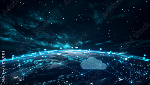 A digital illustration of cloud technology, with glowing blue lines connecting to various places around the world on dark background. The central focus is an icon resembling a large white cloud floati photo