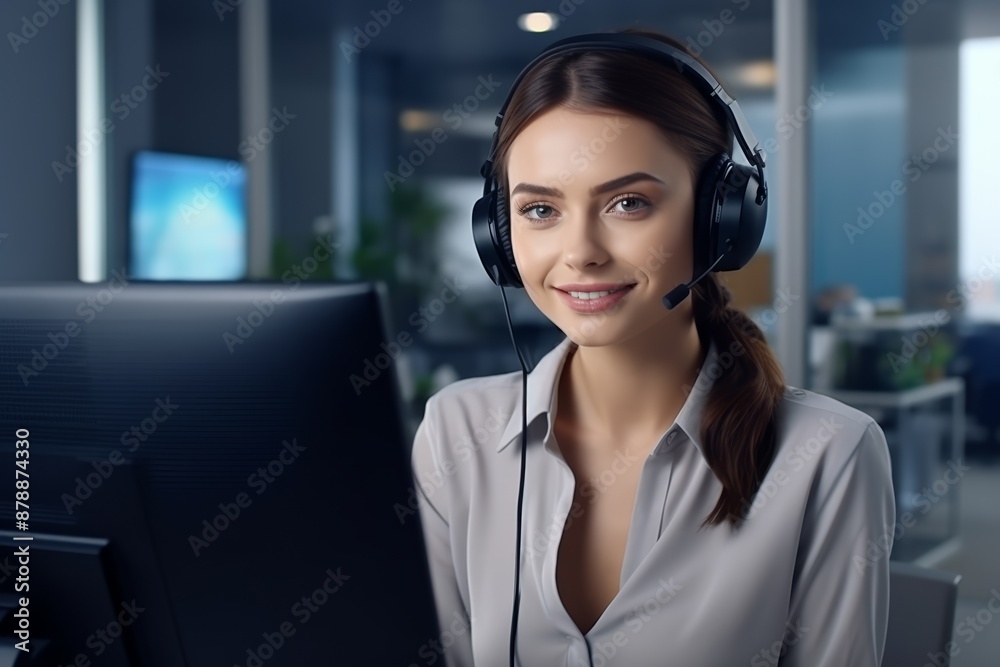 Woman with a headset working at a computer in a modern office environment, smiling at the camera. Woman with a headset working at a computer in a modern office environment, smiling at the camera.