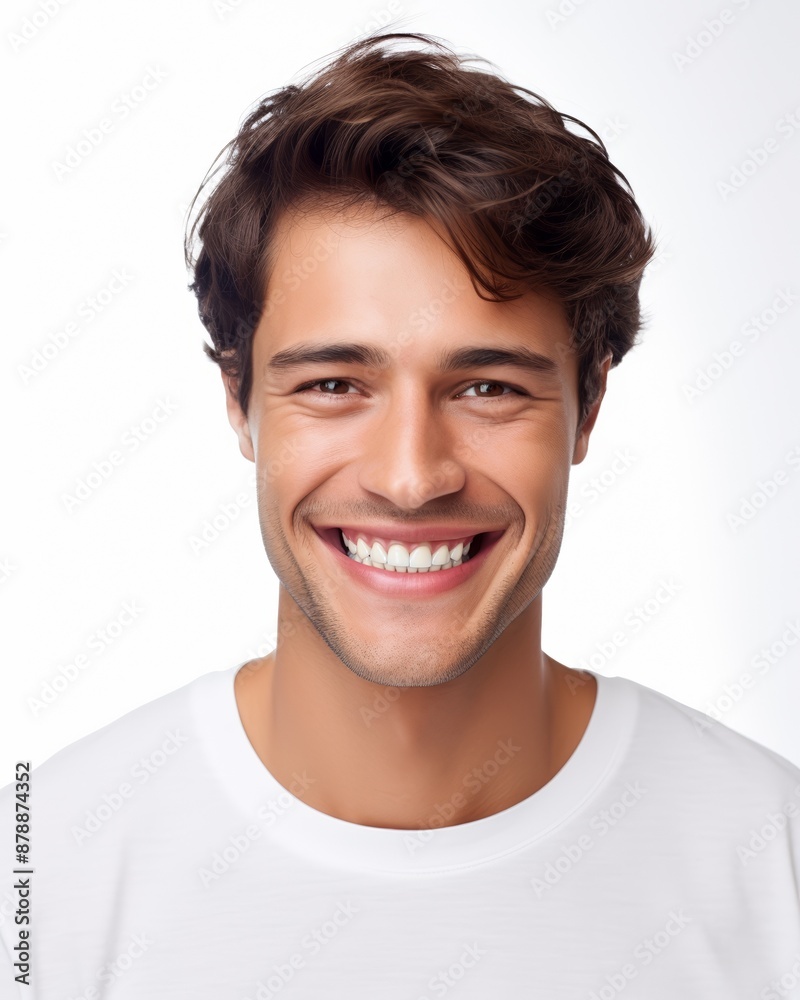 A young man with brown hair and a bright smile, wearing a white shirt, against a clean white background A young man with brown hair and a bright smile, wearing a white shirt, against a clean white background