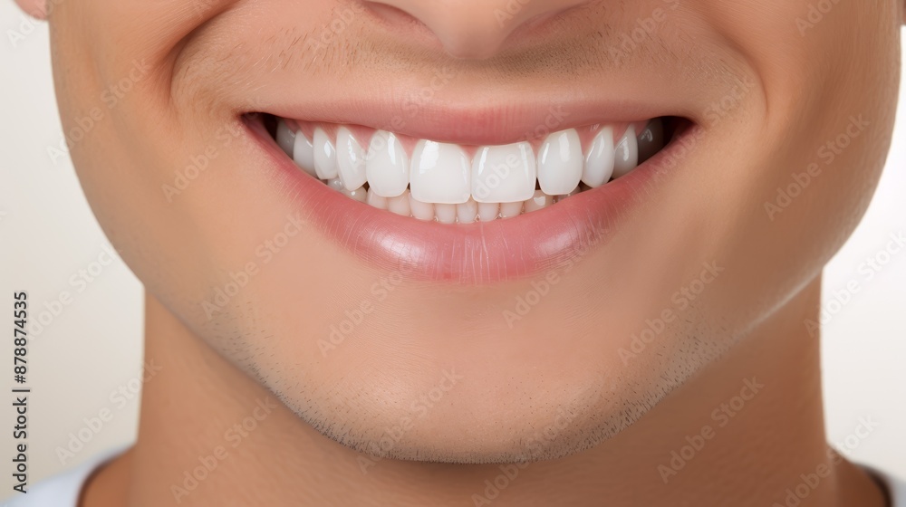 Obraz premium A close-up image of a person smiling, showing clean, white teeth and a cheerful demeanor