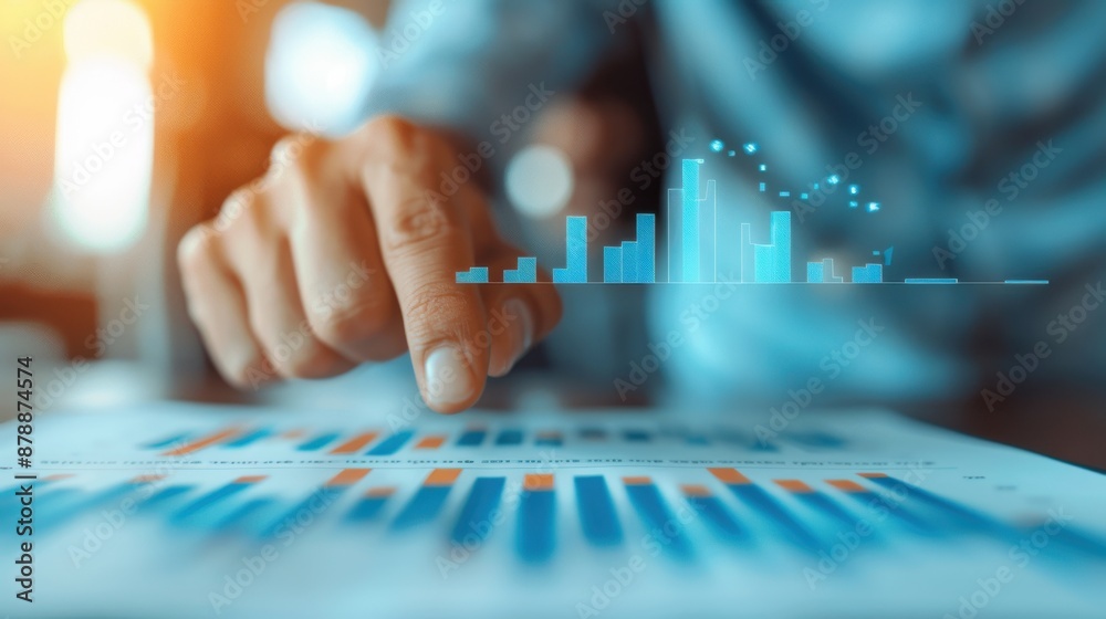 Close-up of hand analyzing financial data on a paper chart with a holographic business graph overlay, representing data analytics and business growth. Close-up of hand analyzing financial data on a paper chart with a holographic business graph overlay, representing data analytics and business growth.