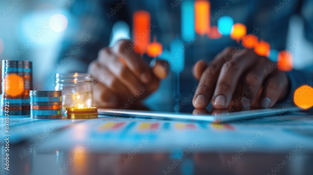 Fototapeta premium Hands using a tablet with glowing graphs and charts, representing data analysis and stock market trends in a modern office setting.