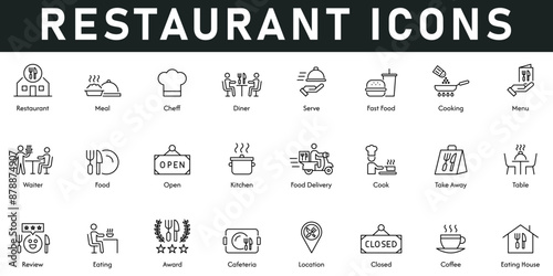 Restaurant Icons vector illustration with thin line editable stroke contains meal, chef, diner, serve, fast food, cooking, menu, waiter, food, open, kitchen, location, award, review, table, take away 