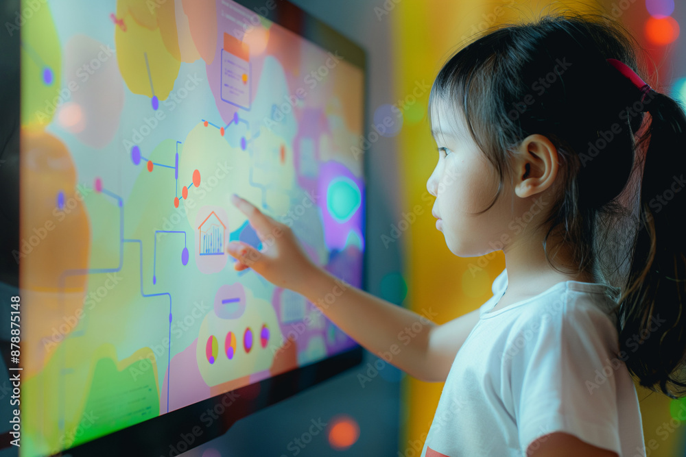 Asian child using artificial intelligence on virtual screen with a simple minimalist colourful UI for communicating with friends online - future social media concept Asian child using artificial intelligence on virtual screen with a simple minimalist colourful UI for communicating with friends online - future social media concept