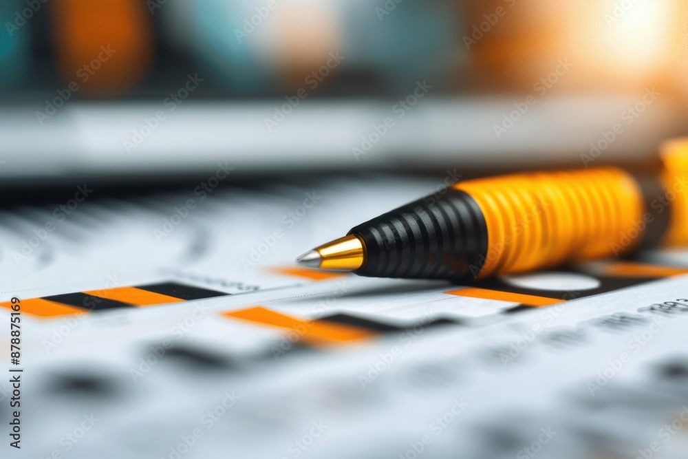 Close-up shot of a yellow and black pen on financial documents with graphs and charts, symbolizing business analysis and office work. Close-up shot of a yellow and black pen on financial documents with graphs and charts, symbolizing business analysis and office work.
