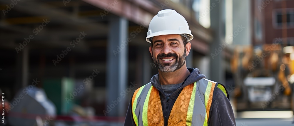 A construction worker wearing a white helmet and safety vest smiles on-site with a building under construction in the background A construction worker wearing a white helmet and safety vest smiles on-site with a building under construction in the background