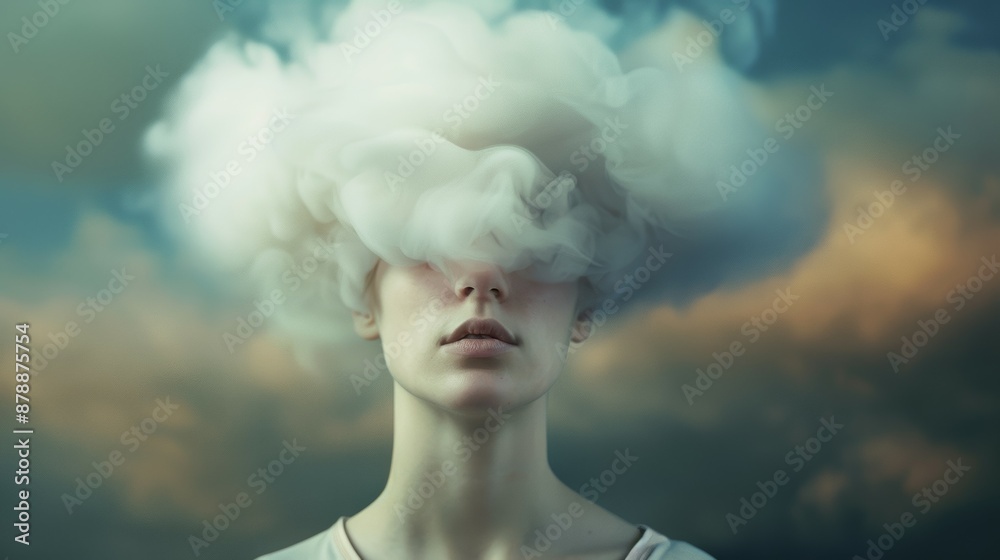 A woman with a cloud on her head A woman with a cloud on her head