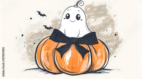 A doodle-style cute ghost sitting on a pumpkin with a bow, surrounded by falling leaves