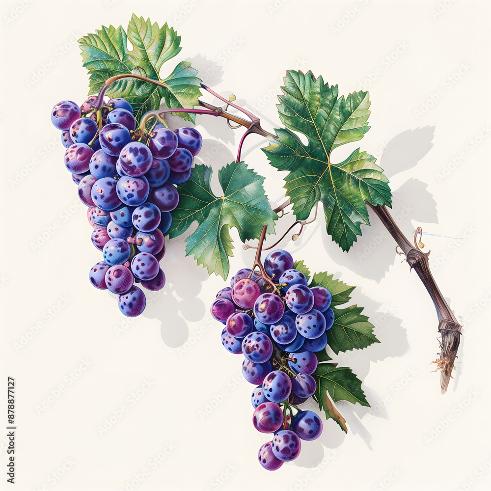 Fototapeta premium Detailed botanical illustration of grape clusters on a vine with leaves.
