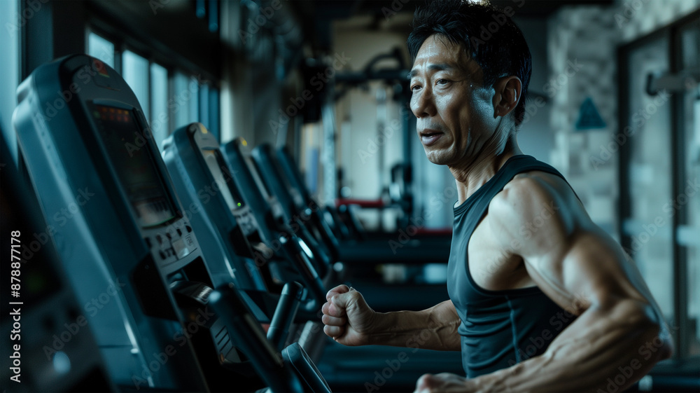 ジムでランニングするおしゃれな日本人男性 ジムでランニングするおしゃれな日本人男性