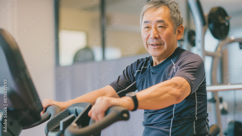 ジムでランニングするおしゃれな日本人男性 ジムでランニングするおしゃれな日本人男性
