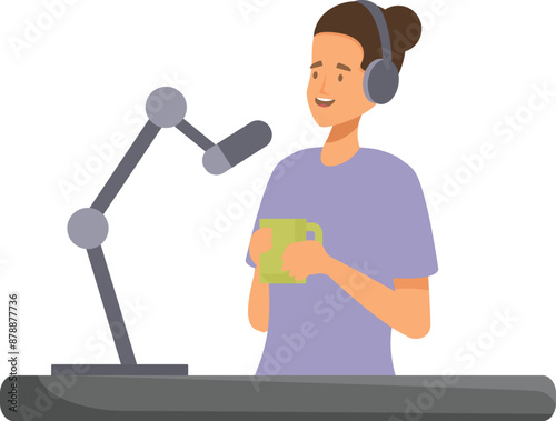 Radio broadcaster recording audio content with microphone and drinking coffee in studio