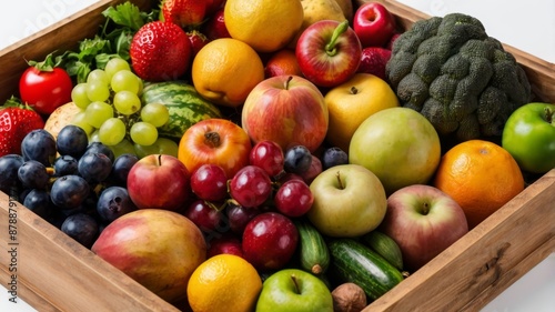 A wooden box full of vibrant fruits and vegetables, set against a white background