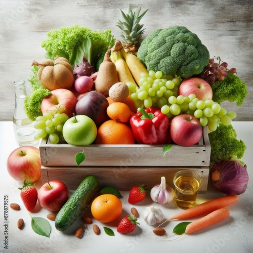 A wooden box full of vibrant fruits and vegetables, set against a white background