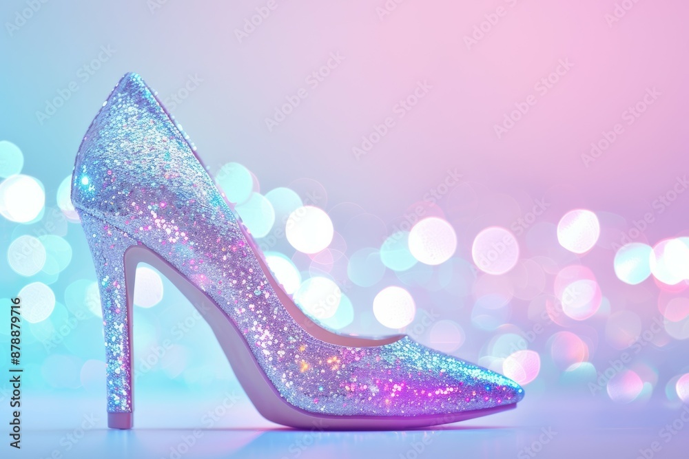 A glittery silver high heel shoe with a pink base A glittery silver high heel shoe with a pink base
