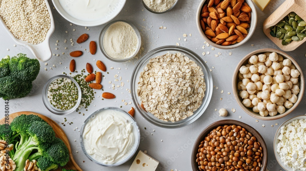 A variety of plant-based protein products displayed on a table A variety of plant-based protein products displayed on a table