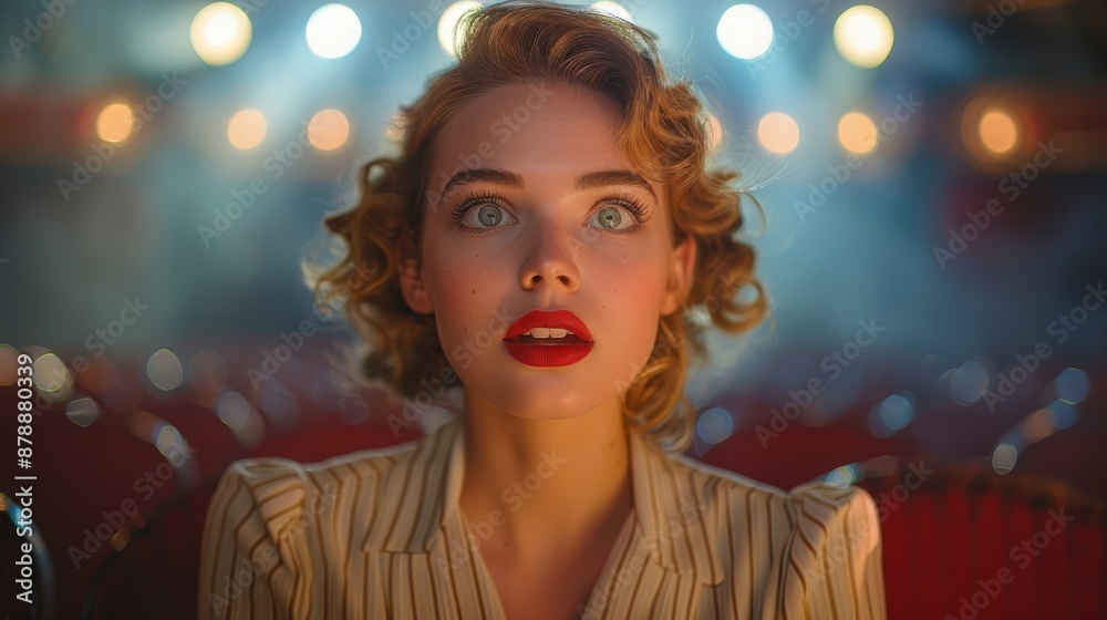 Captivated woman sitting in theater, bright lights in background, elegant style, intense moment. Perfect for drama, emotion, and cinema concepts. Captivated woman sitting in theater, bright lights in background, elegant style, intense moment. Perfect for drama, emotion, and cinema concepts.