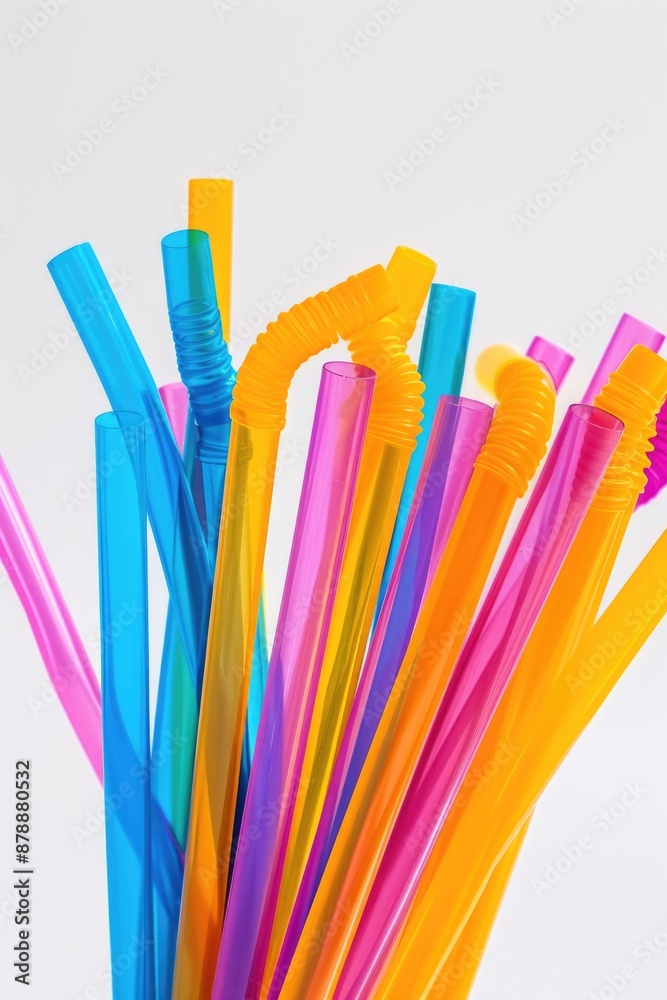 A collection of plastic drinking straws placed in a clear glass container A collection of plastic drinking straws placed in a clear glass container