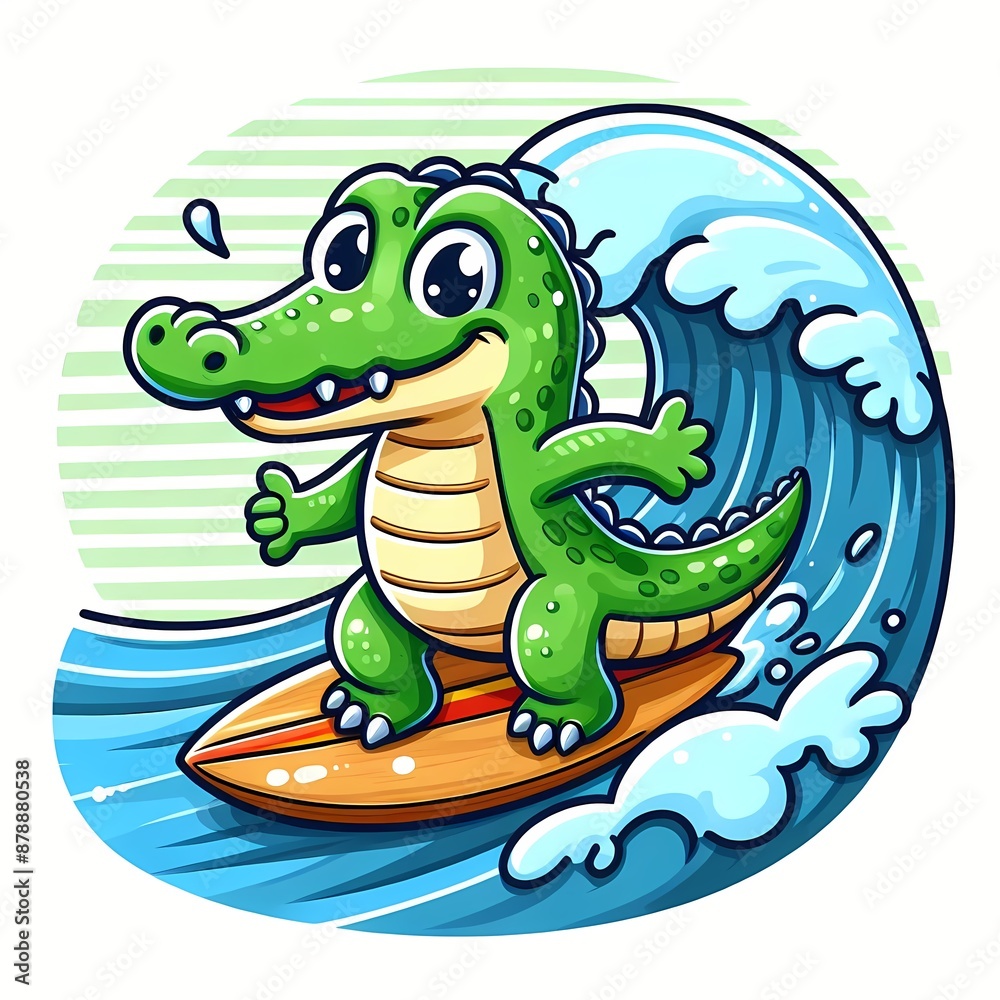 Cute crocodile Surfing On Wave Cartoon Vector Icon Illustration