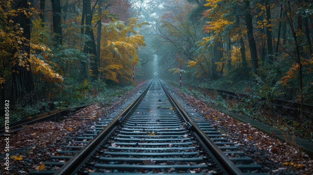 Mystical forest railway track with autumn foliage and fog, creating a serene and enchanting atmosphere through a colorful natural landscape. Mystical forest railway track with autumn foliage and fog, creating a serene and enchanting atmosphere through a colorful natural landscape.